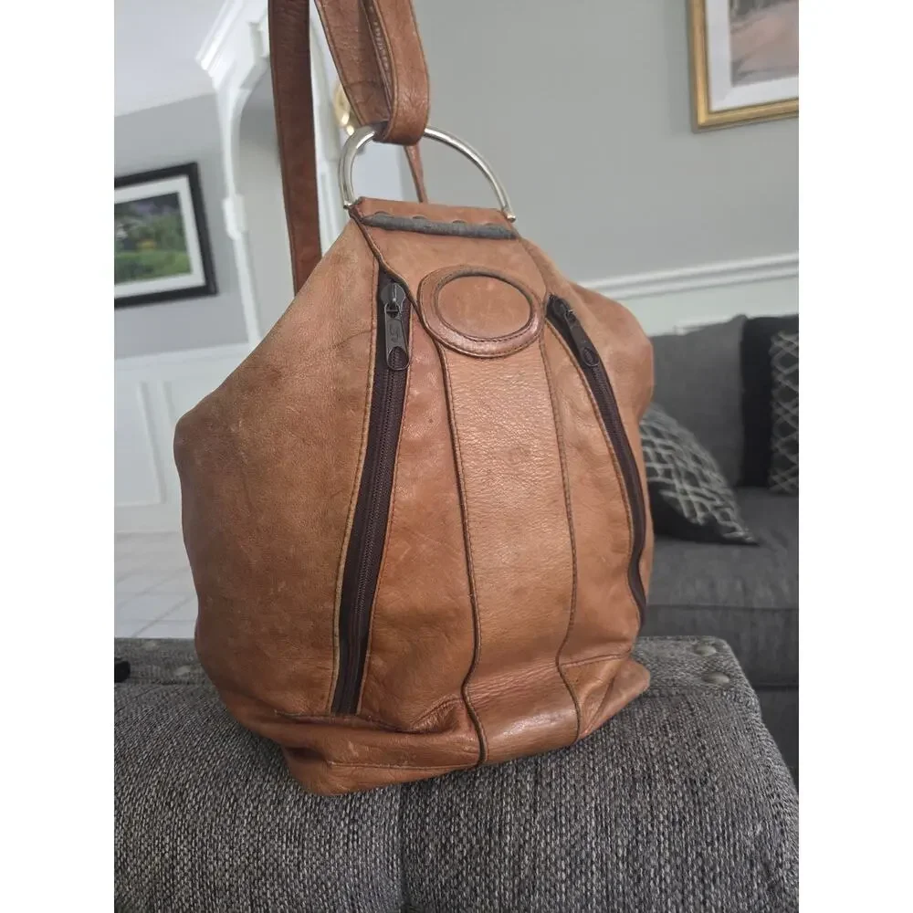 Vintage Columbian Brown Camel Tan Leather Convertible Bag Slouchy Backpack Boho